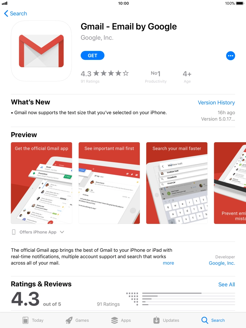 Press GET and follow the instructions on the screen to install Gmail.
