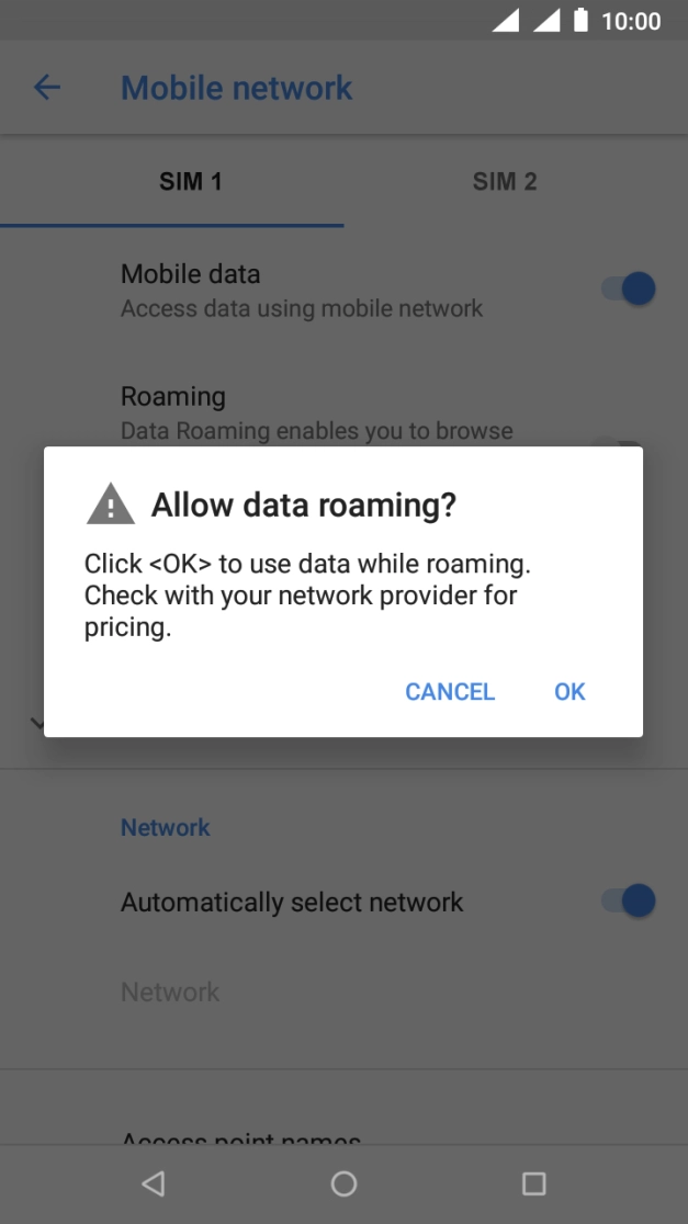 If you turn on data roaming, press OK.