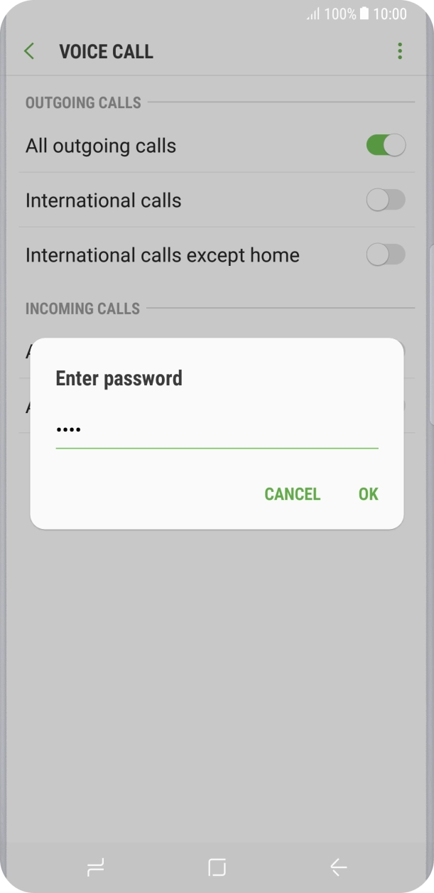 Key in your call barring password and press OK. The default barring password is call-barring-password.