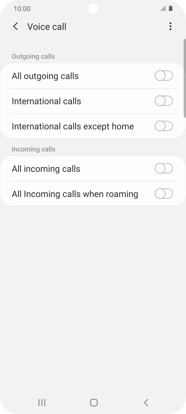Press the indicator next to the required barring type to turn the function on or off.