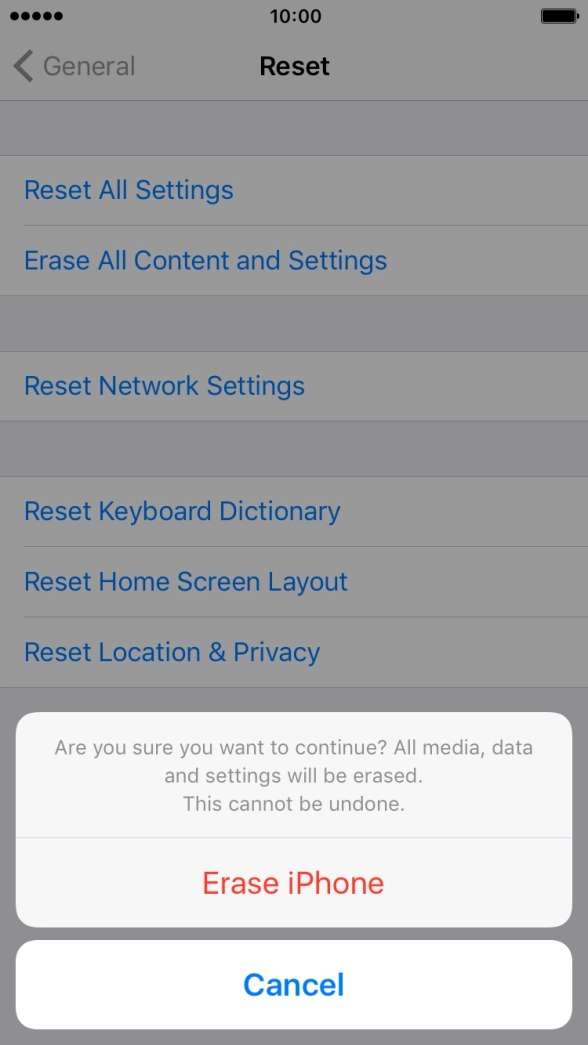 Press Erase iPhone. Wait a moment while the factory default settings are restored. 
Follow the instructions on the screen to set up your phone and prepare it for use.