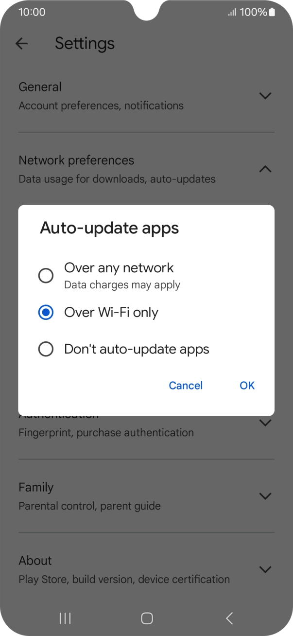 To turn on automatic update of apps using mobile network, press Over any network.