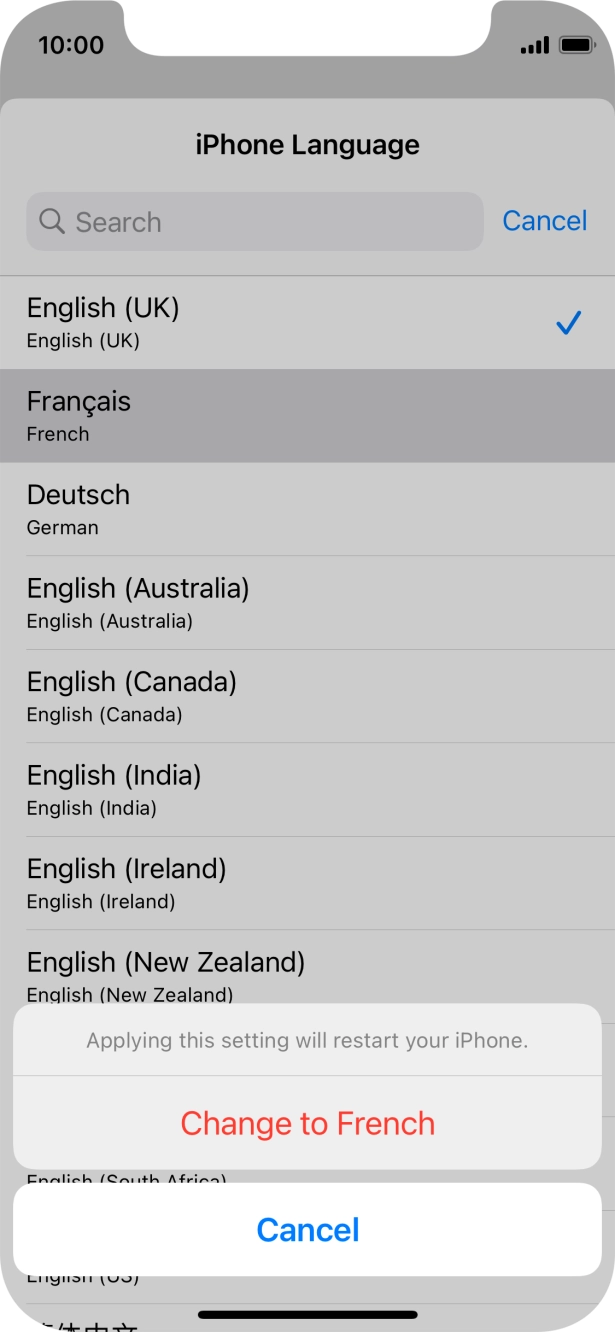 Press Change to ‹language›  and follow the instructions on the screen to change to the selected language.