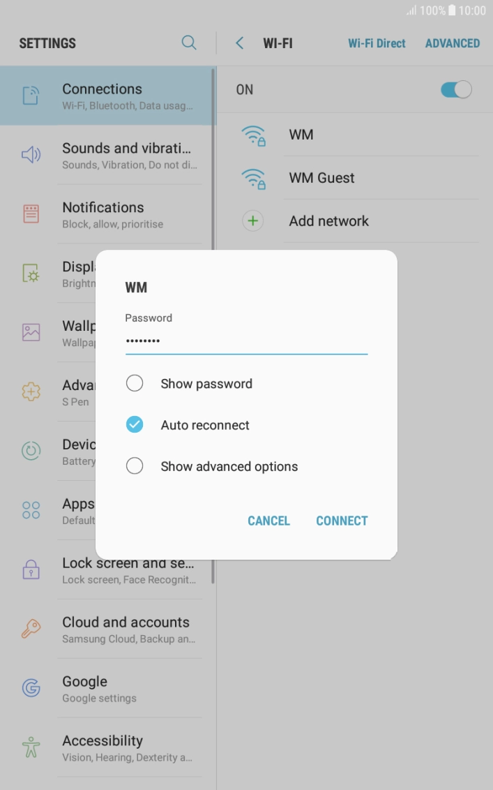 Key in the password for the Wi-Fi network and press CONNECT.