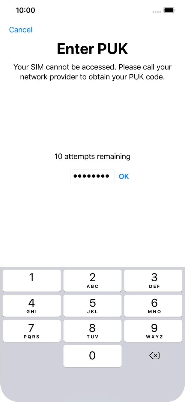 Key in the PUK and press OK.