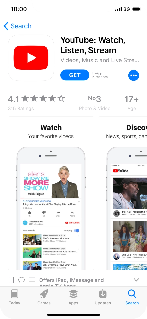 Press GET and follow the instructions on the screen to install YouTube.