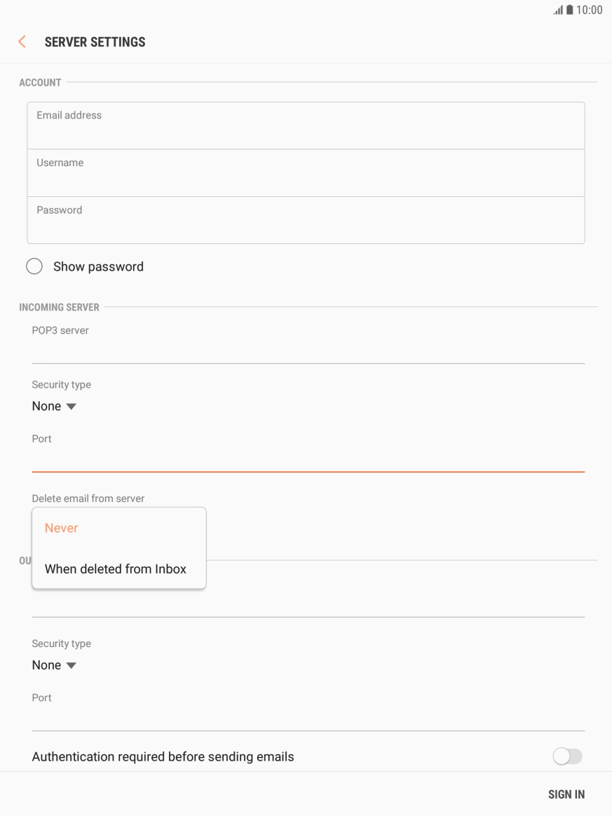 Press Never to keep email on the server when you delete them on your tablet. Press Never to keep email on the server when you delete them on your tablet.