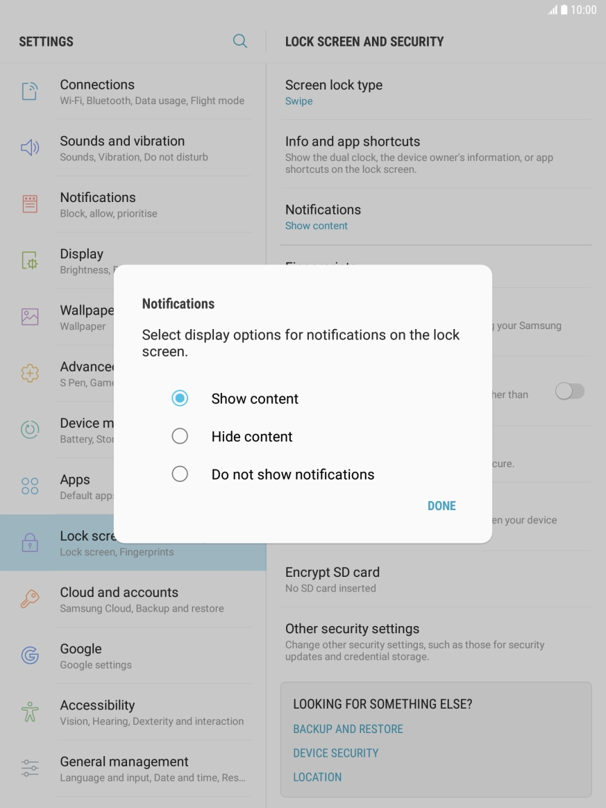 Press the required setting.