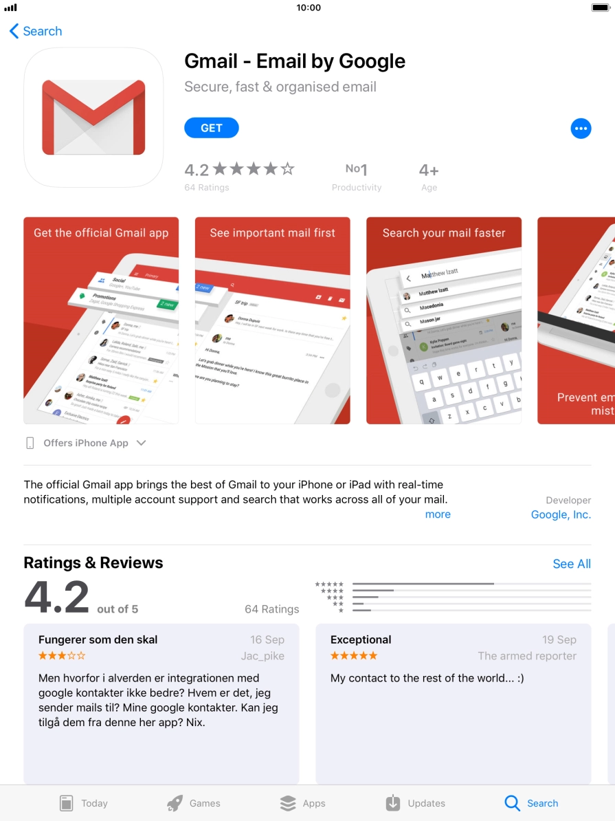 Press GET and follow the instructions on the screen to install Gmail.