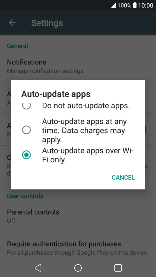 To turn on automatic update of apps using mobile network, press Auto-update apps at any time. Data charges may apply..