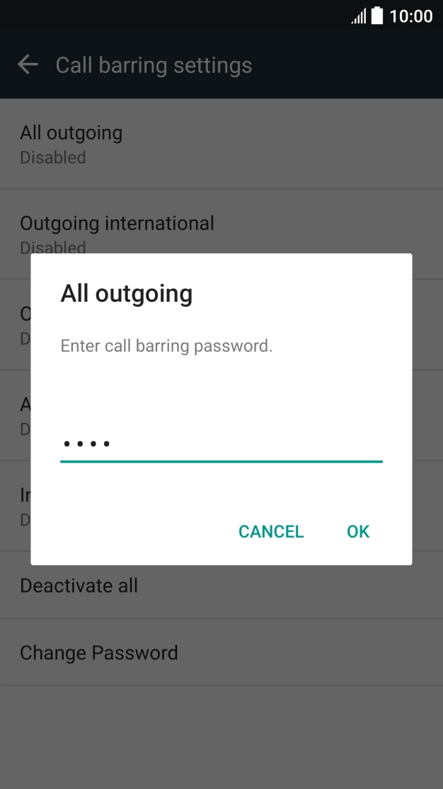 Key in your call barring password and press OK.