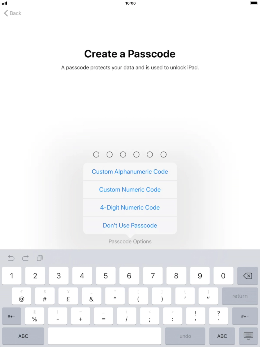 Follow the instructions on the screen to turn on use of lock code or press Don't Use Passcode.