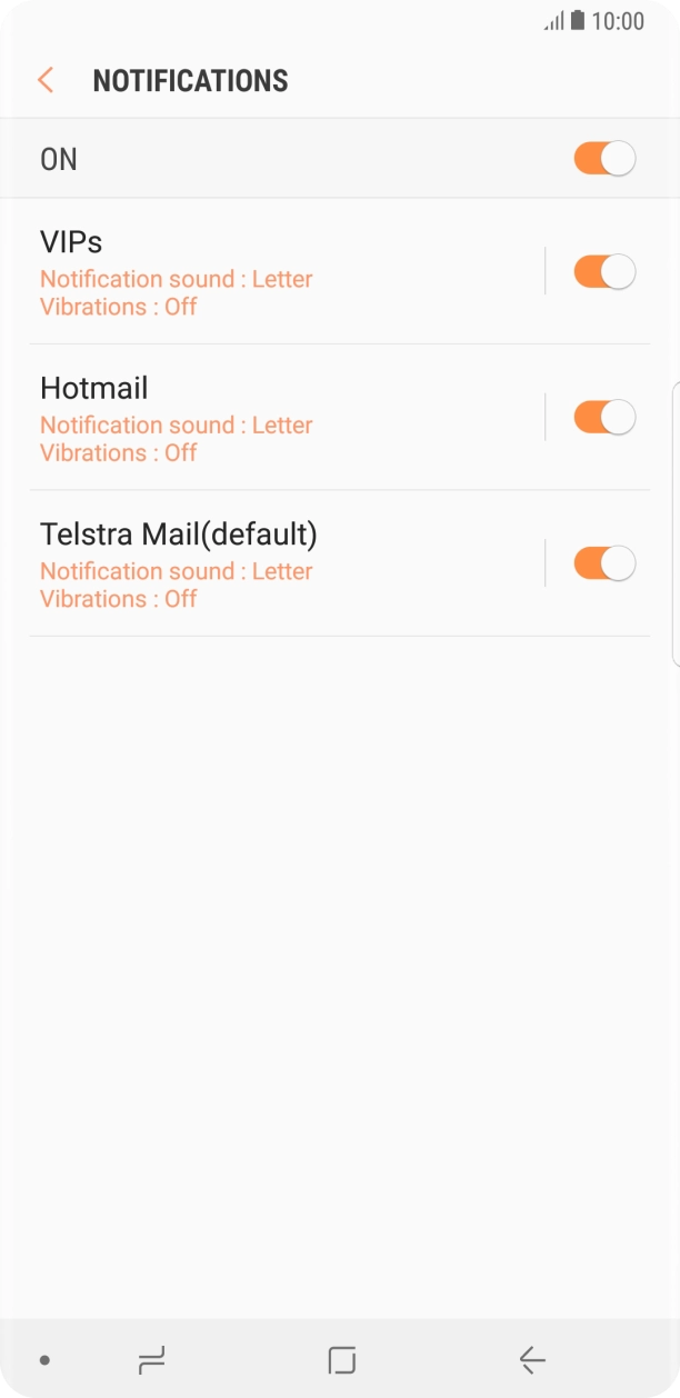 Press the indicator next to the required email account to turn the function on or off. Press the indicator next to the required email account to turn the function on or off.