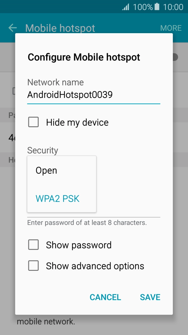 Press WPA2 PSK to password protect your Wi-Fi hotspot.