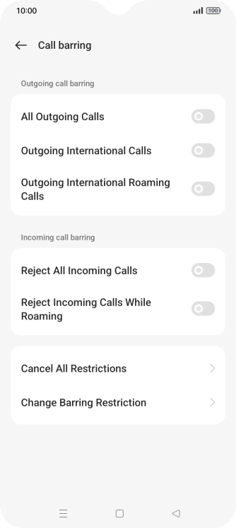 Press the required barring type. Press the required barring type.