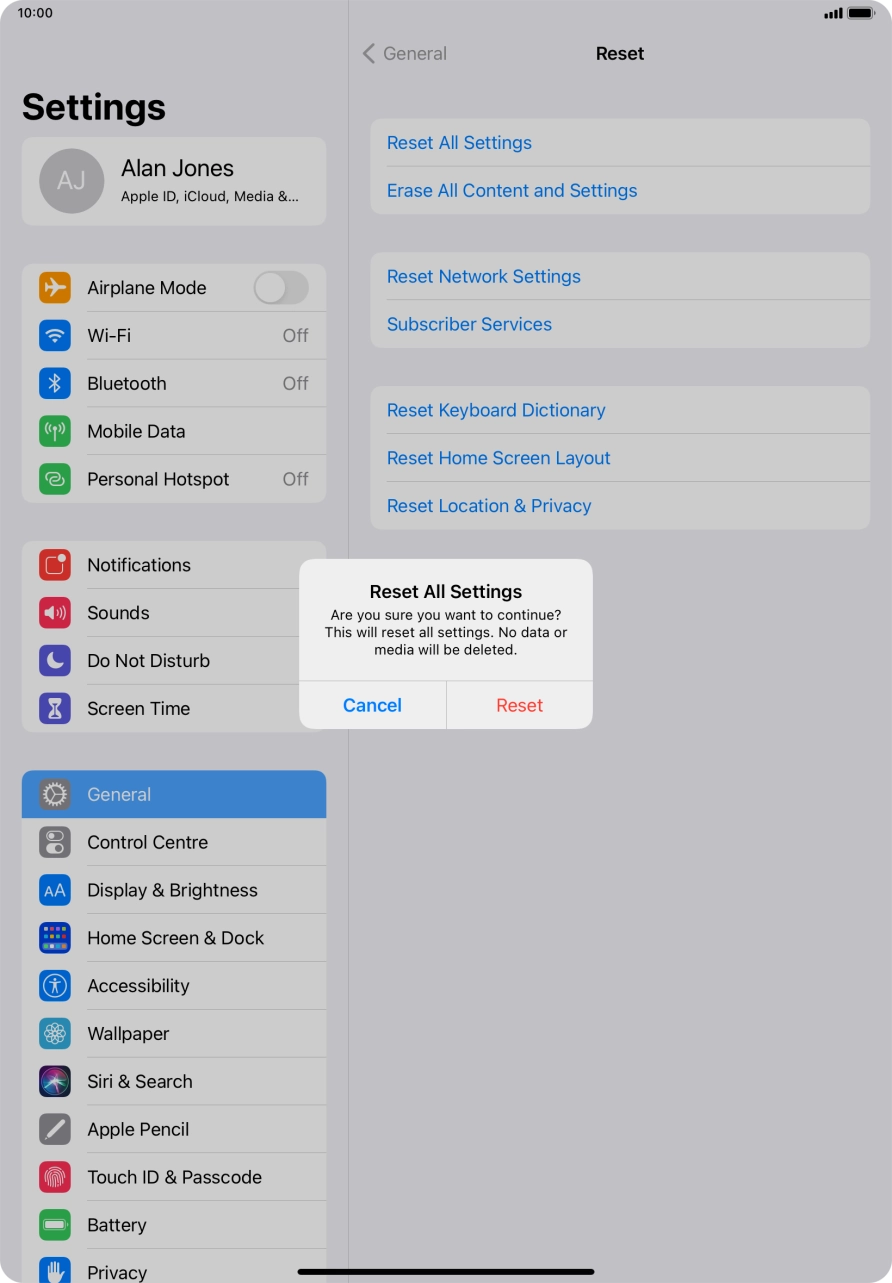 Press Reset. Wait a moment while the factory default settings are restored. Follow the instructions on the screen to set up your tablet and prepare it for use.
