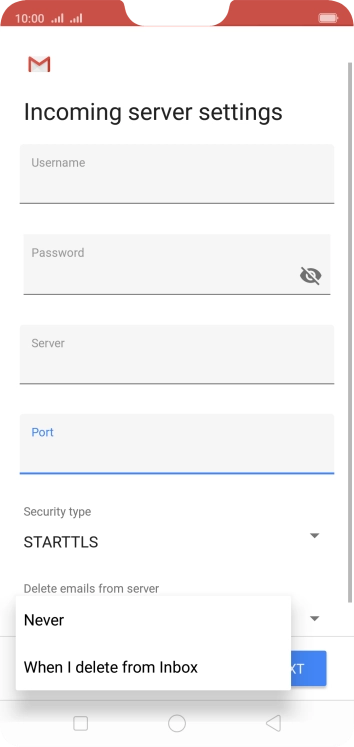 Press Never to keep email on the server when you delete them on your phone. Press Never to keep email on the server when you delete them on your phone.