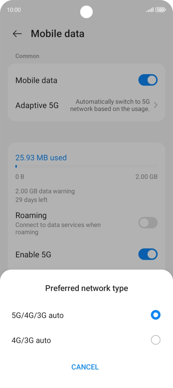 Press the required network mode.