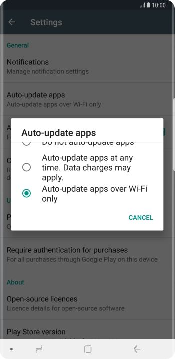 To turn on automatic update of apps using Wi-Fi, press Auto-update apps over Wi-Fi only. To turn on automatic update of apps using Wi-Fi, press Auto-update apps over Wi-Fi only.
