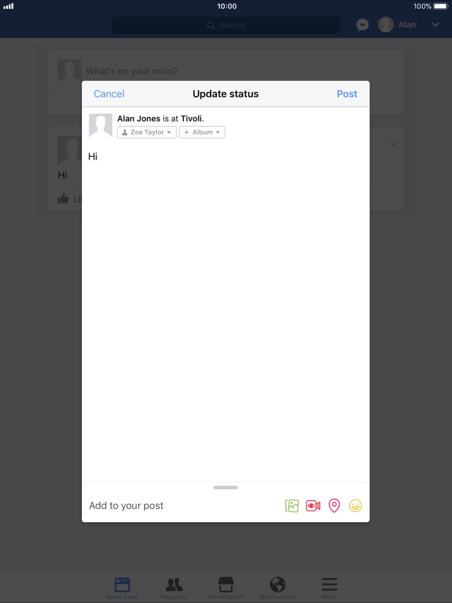 Write the required text and press Post.