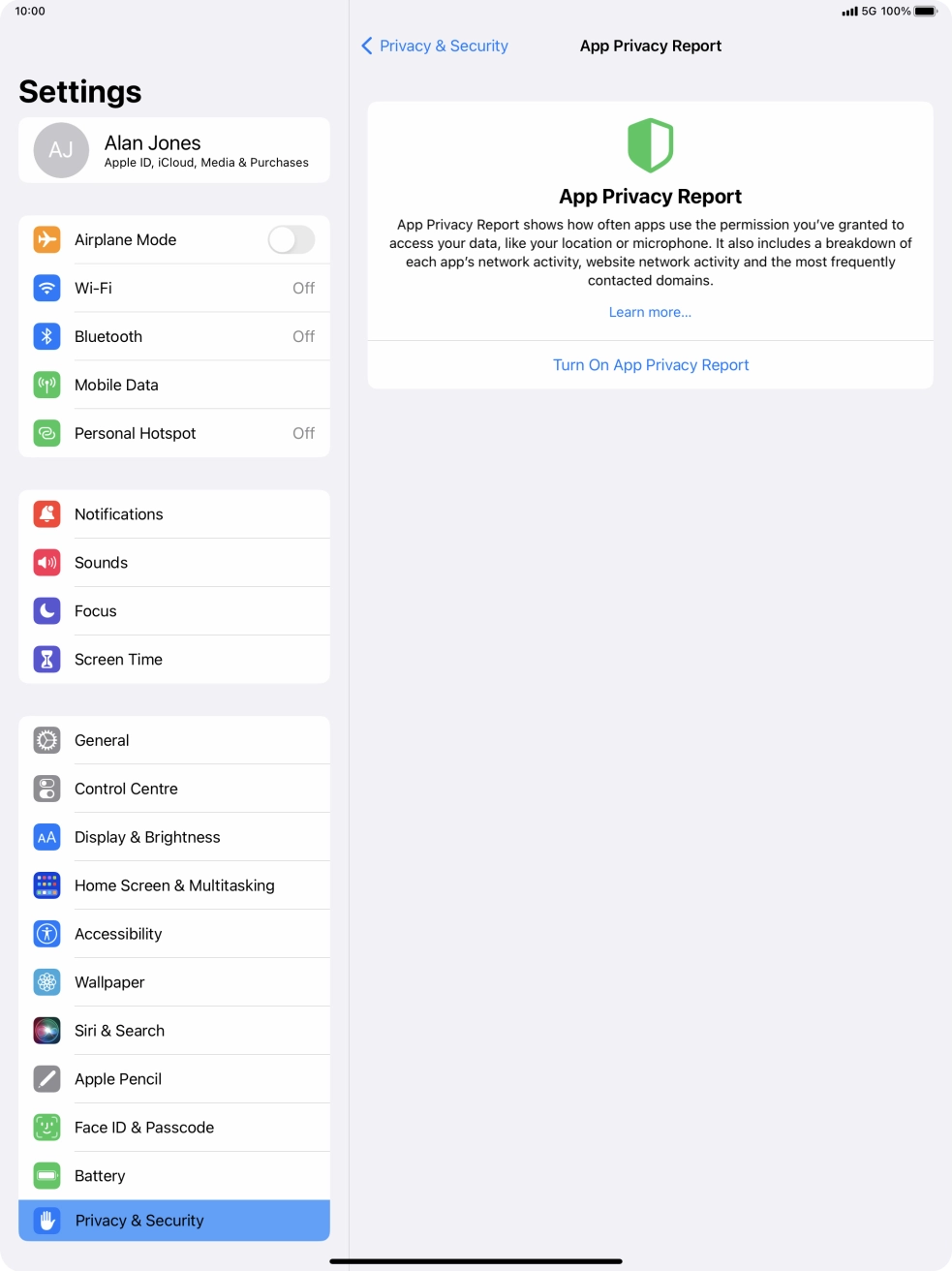 Press Turn On App Privacy Report to turn on the function.