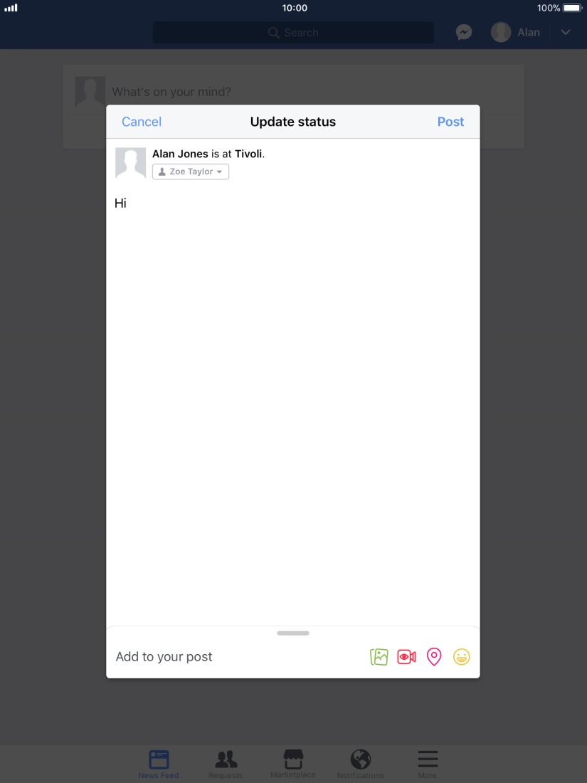 Write the required text and press Post. Write the required text and press Post.
