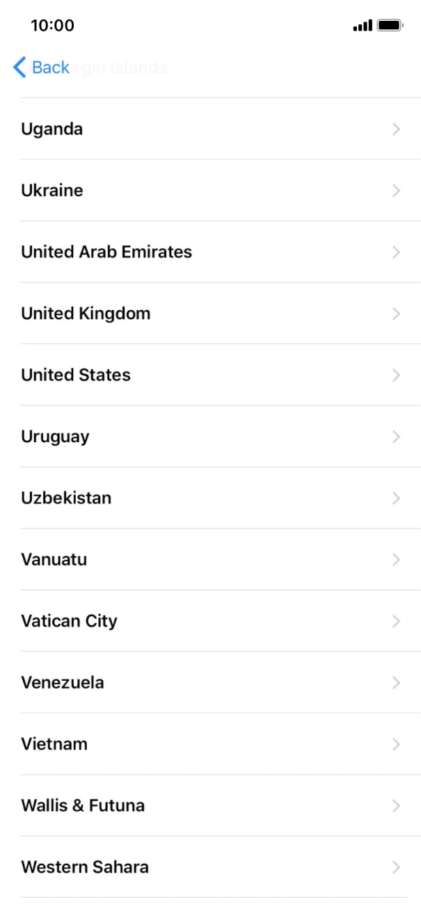Press the required country or area. Press the required country or area.