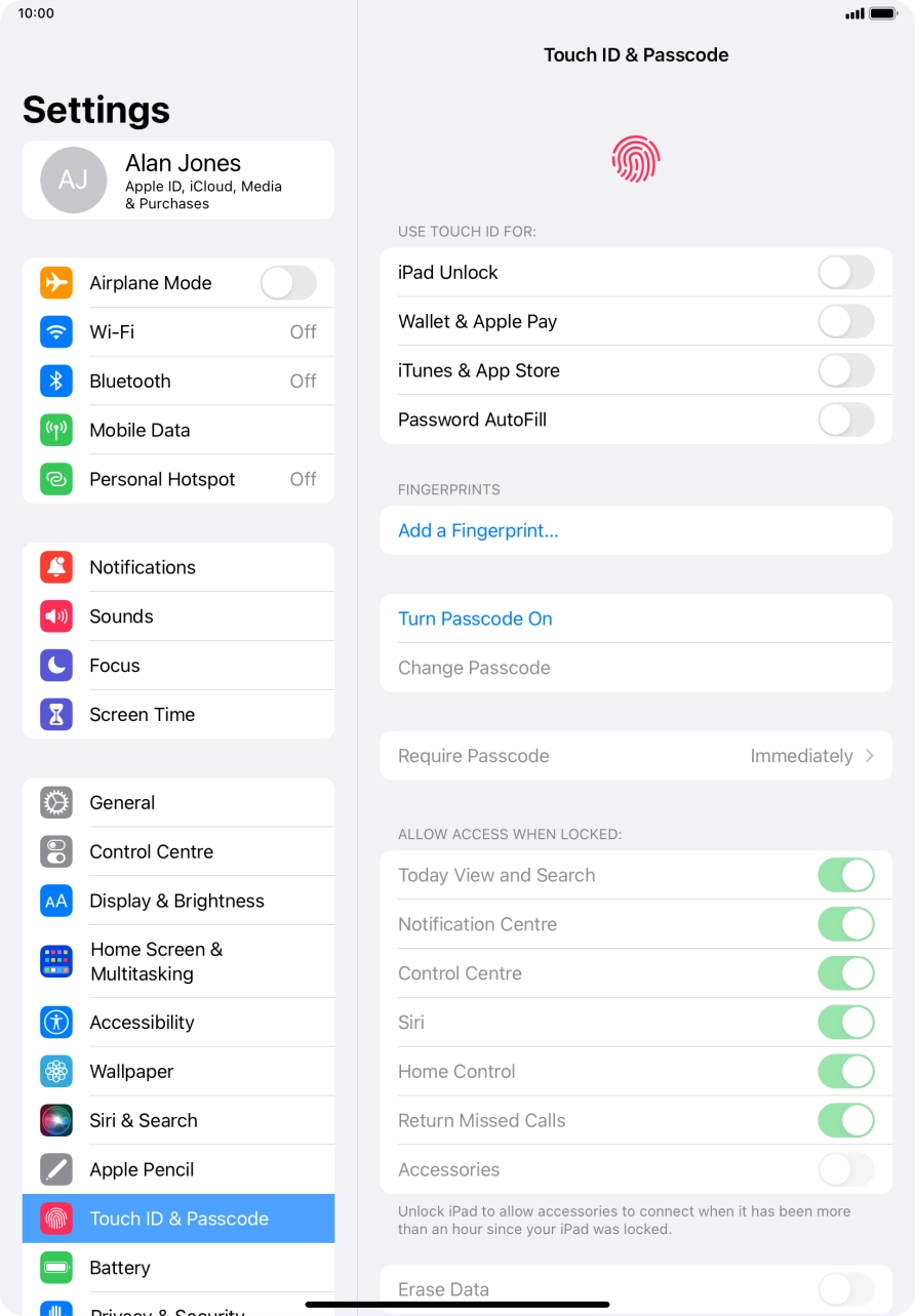 Press Turn Passcode On and key in a lock code of your own choice twice.
