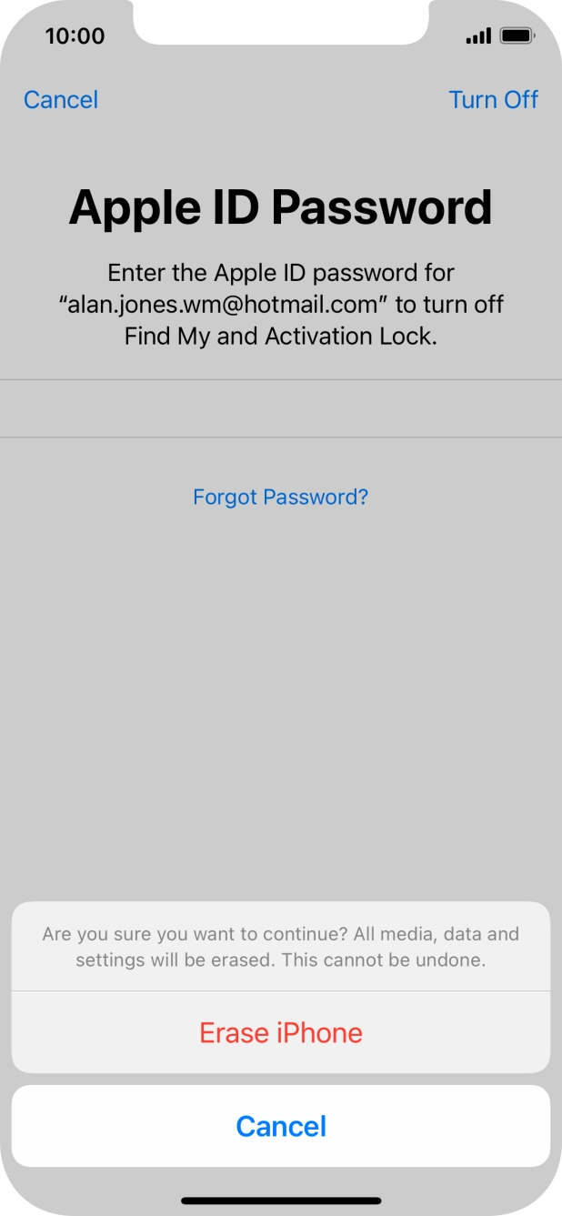 Key in the password for your Apple ID and press Erase iPhone. Wait a moment while the factory default settings are restored. Follow the instructions on the screen to set up your phone and prepare it for use.