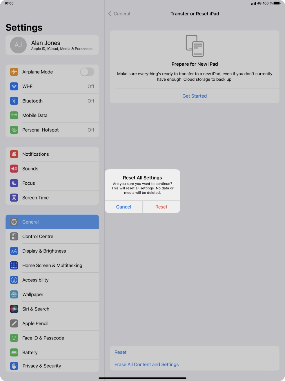 Press Reset. Wait a moment while the factory default settings are restored. Follow the instructions on the screen to set up your tablet and prepare it for use.
