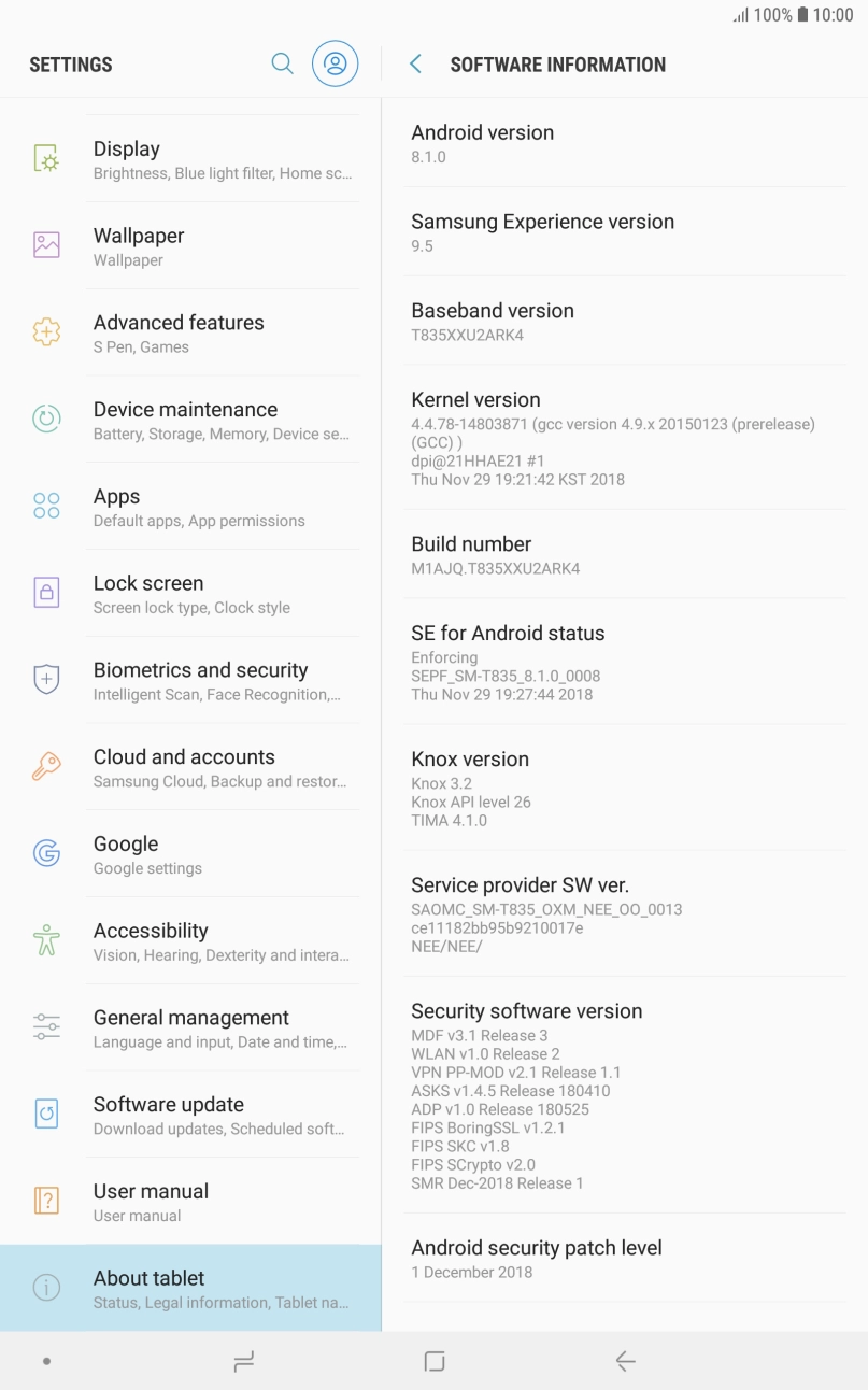 Your tablet's software version is displayed below Android version.