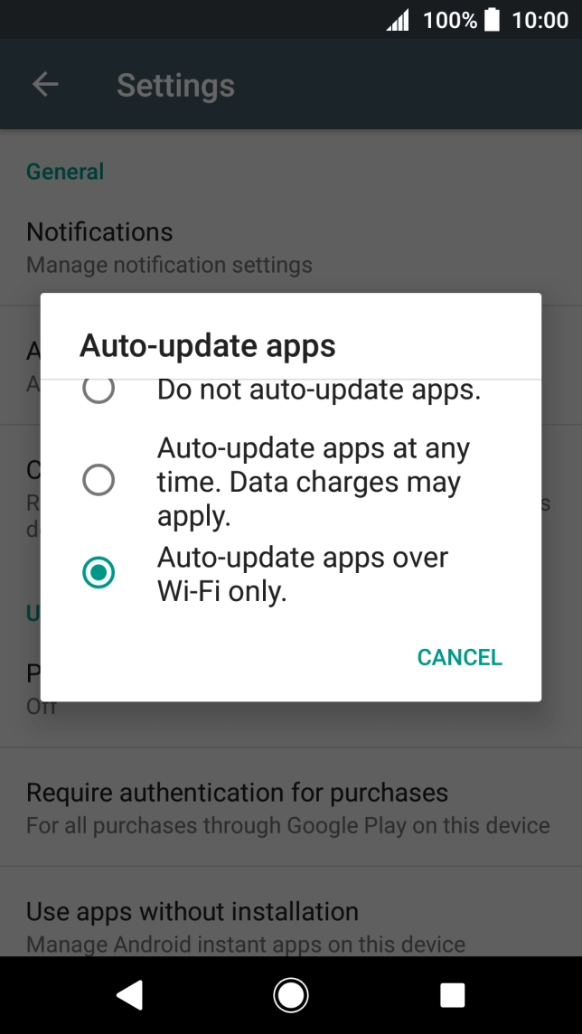 To turn on automatic update of apps using mobile network, press Auto-update apps at any time. Data charges may apply..