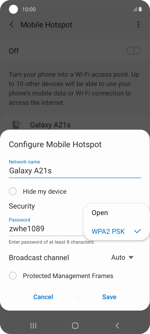 Press WPA2 PSK to password protect your Wi-Fi hotspot.