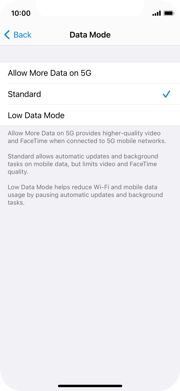 Press the required setting.