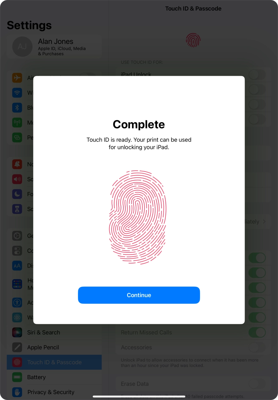 Press Continue. If you haven't previously selected a lock code, key in a code of your own choice twice.
