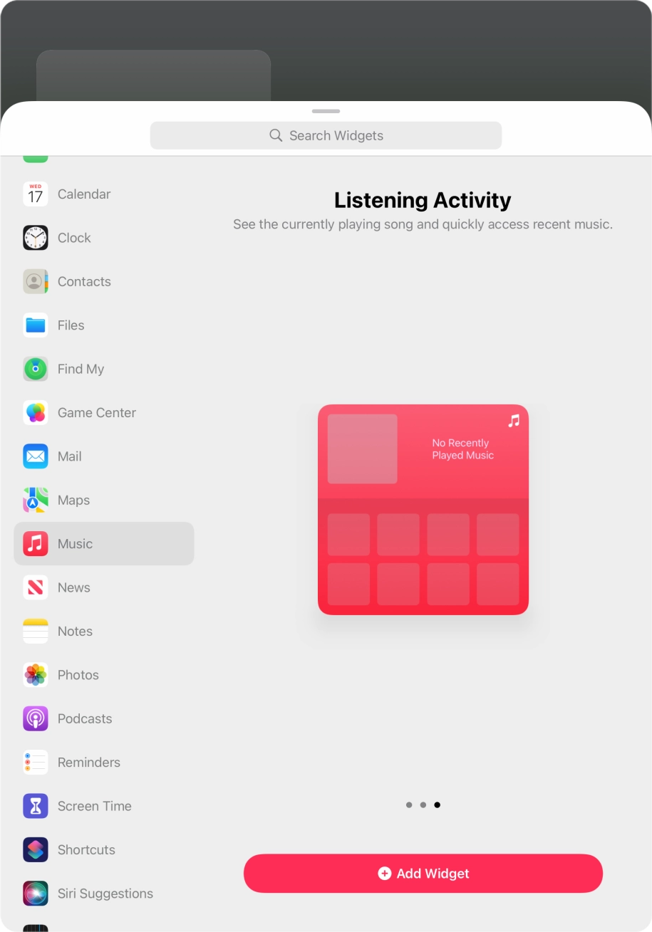 Slide your finger right or left on the screen to select the required widget size.