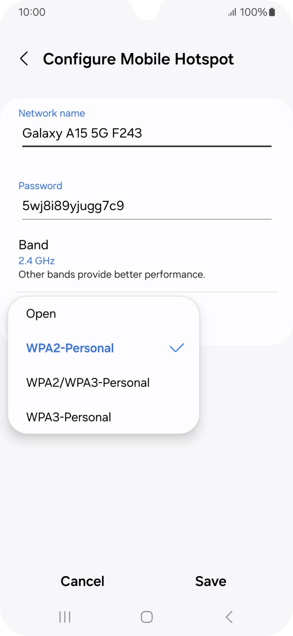 Press WPA3-Personal to password protect your Wi-Fi hotspot. Press WPA3-Personal to password protect your Wi-Fi hotspot.