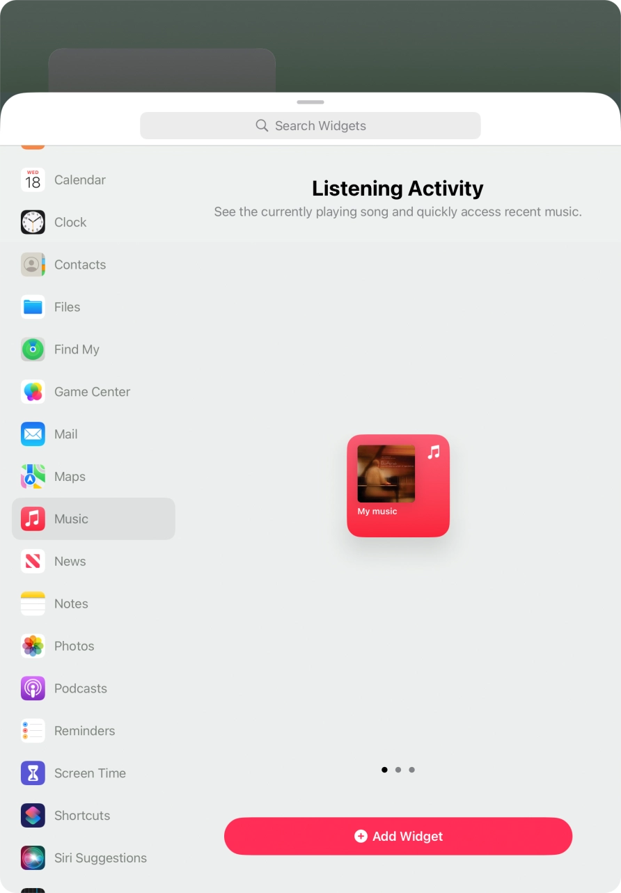 Slide your finger right or left on the screen to select the required widget size.
