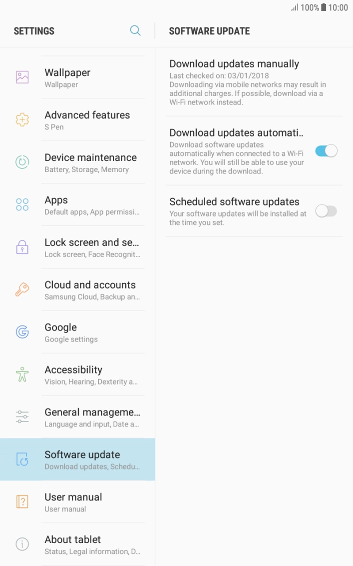 Press Download updates manually. If a new software version is available, it's displayed. 
Follow the instructions on the screen to update the tablet software.