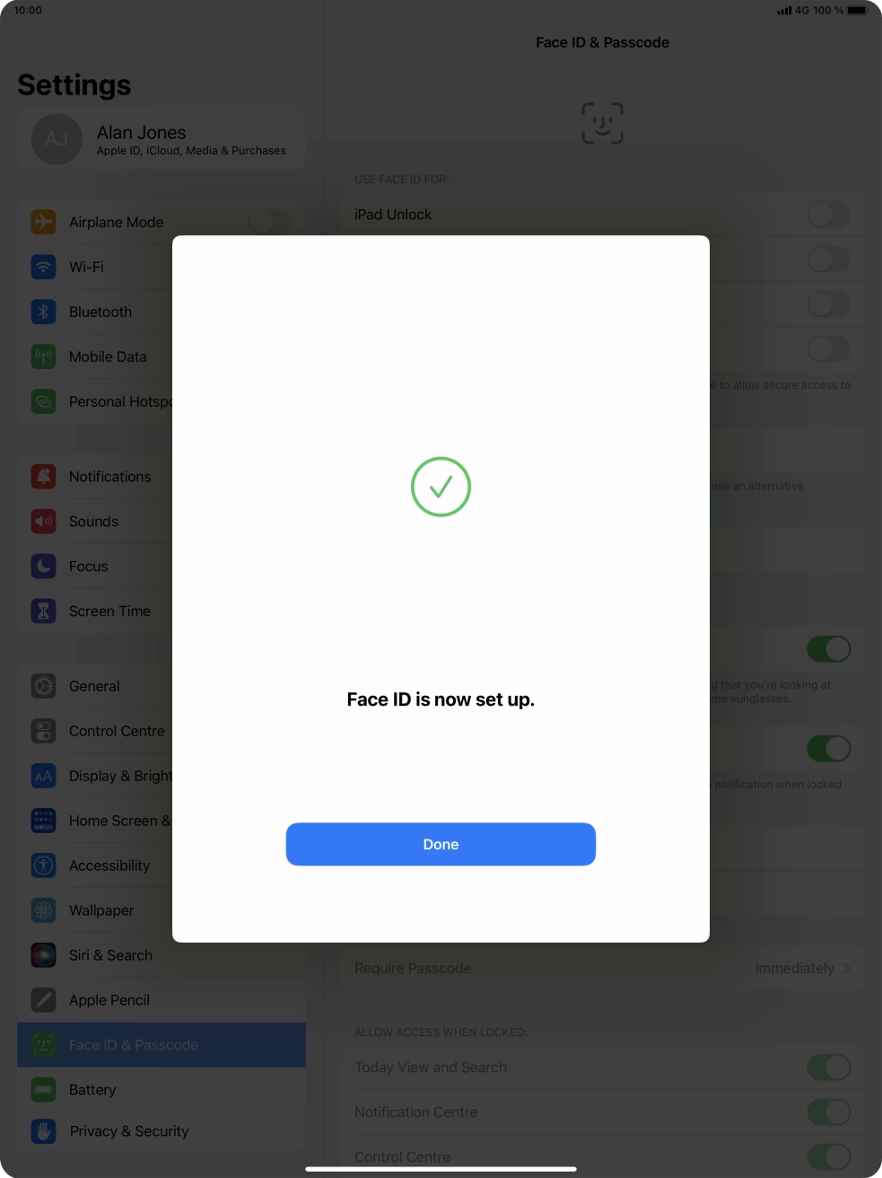 Press Done. If you haven't previously selected a lock code, key in a code of your own choice twice.