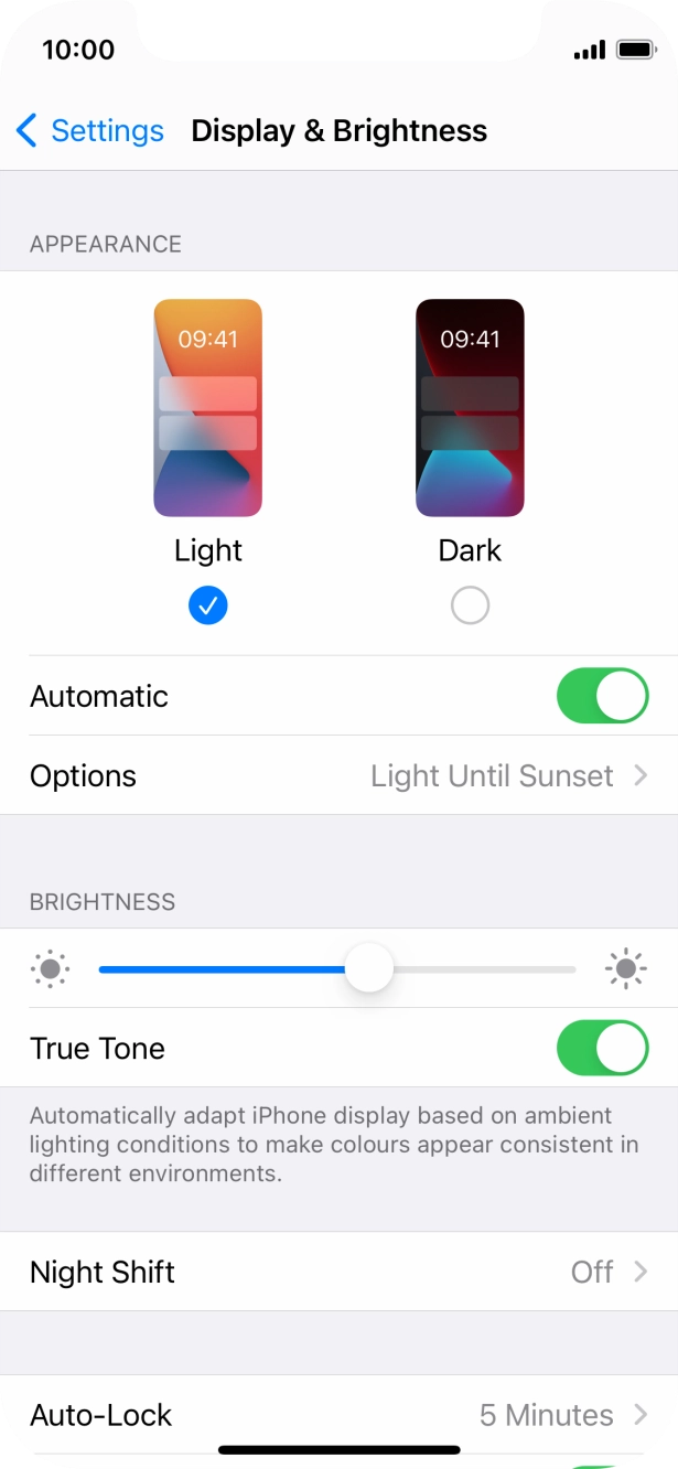 If you turn on the function, press Options and follow the instructions on the screen to select the required period of time for Dark Mode.
