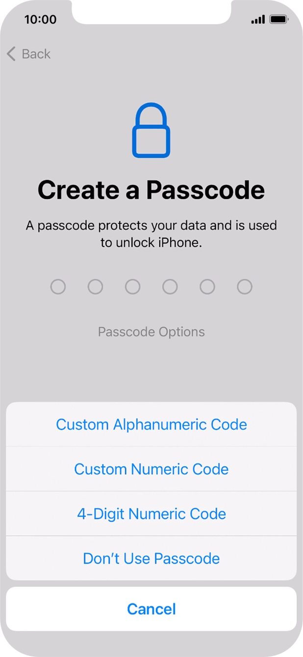 Follow the instructions on the screen to turn on use of phone lock code or press Don't Use Passcode.