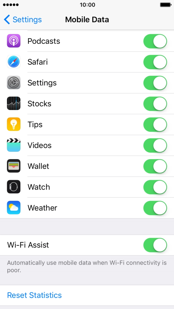 Press the indicator next to the required application to turn the function on or off.