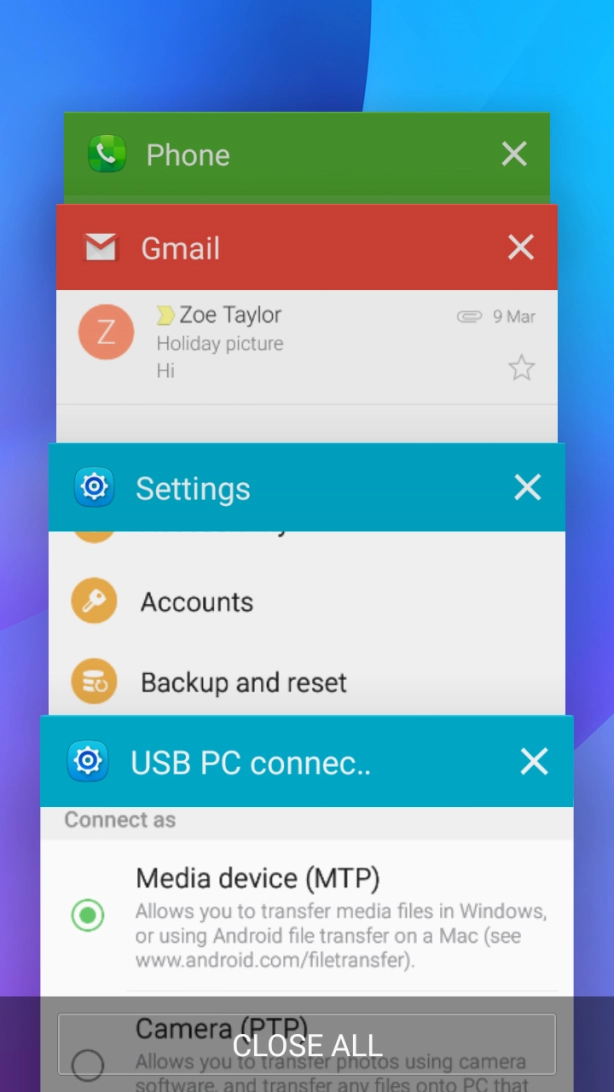 Press CLOSE ALL to end all running applications.
