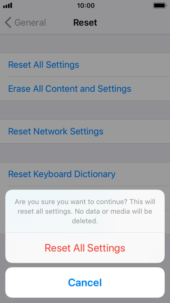 Press Reset All Settings. Wait a moment while the factory default settings are restored. Follow the instructions on the screen to set up your phone and prepare it for use. Press Reset All Settings. Wait a moment while the factory default settings are restored. Follow the instructions on the screen to set up your phone and prepare it for use.