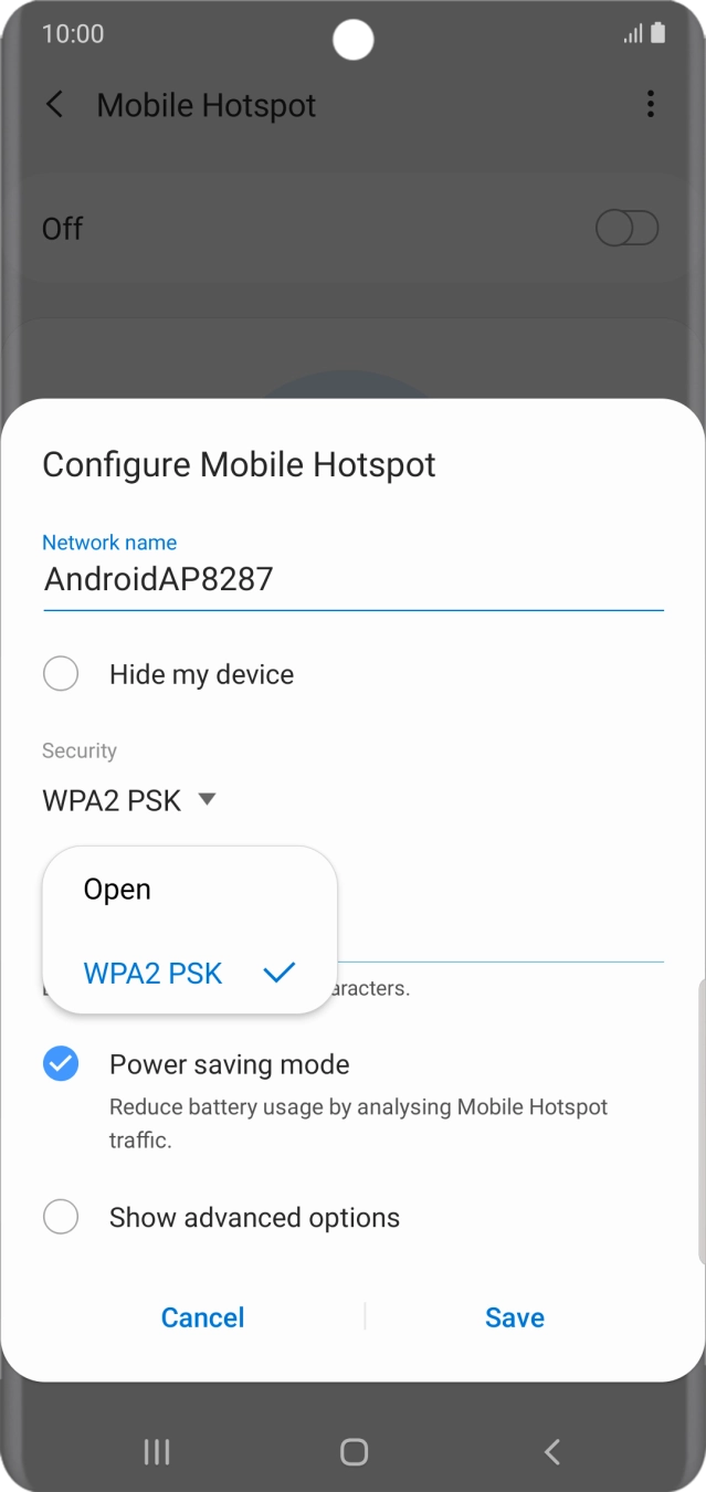 Press WPA2 PSK to password protect your Wi-Fi hotspot.