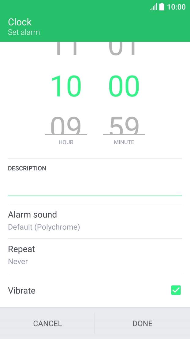 Slide your finger up or down on hours and minutes to select the alarm time.