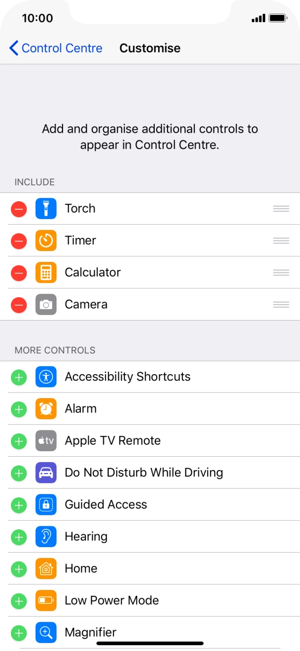 Press the delete icon next to the required function to remove it from Control Centre.