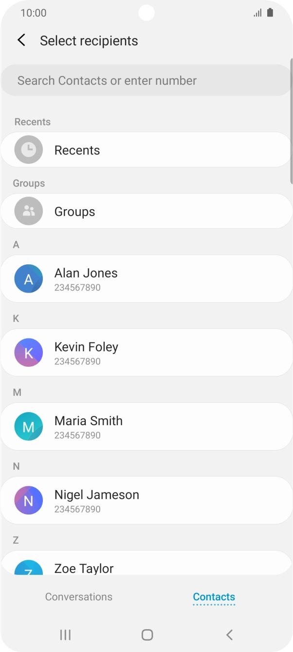Press the search field and key in the first letters of the recipient's name.