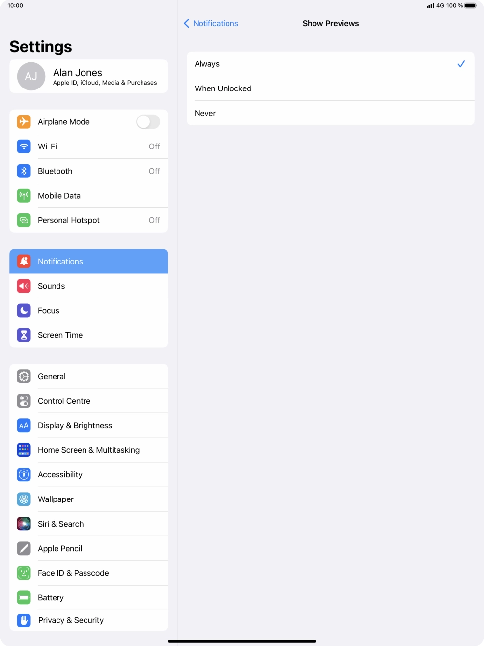 To select notification preview on the lock screen, press Always.